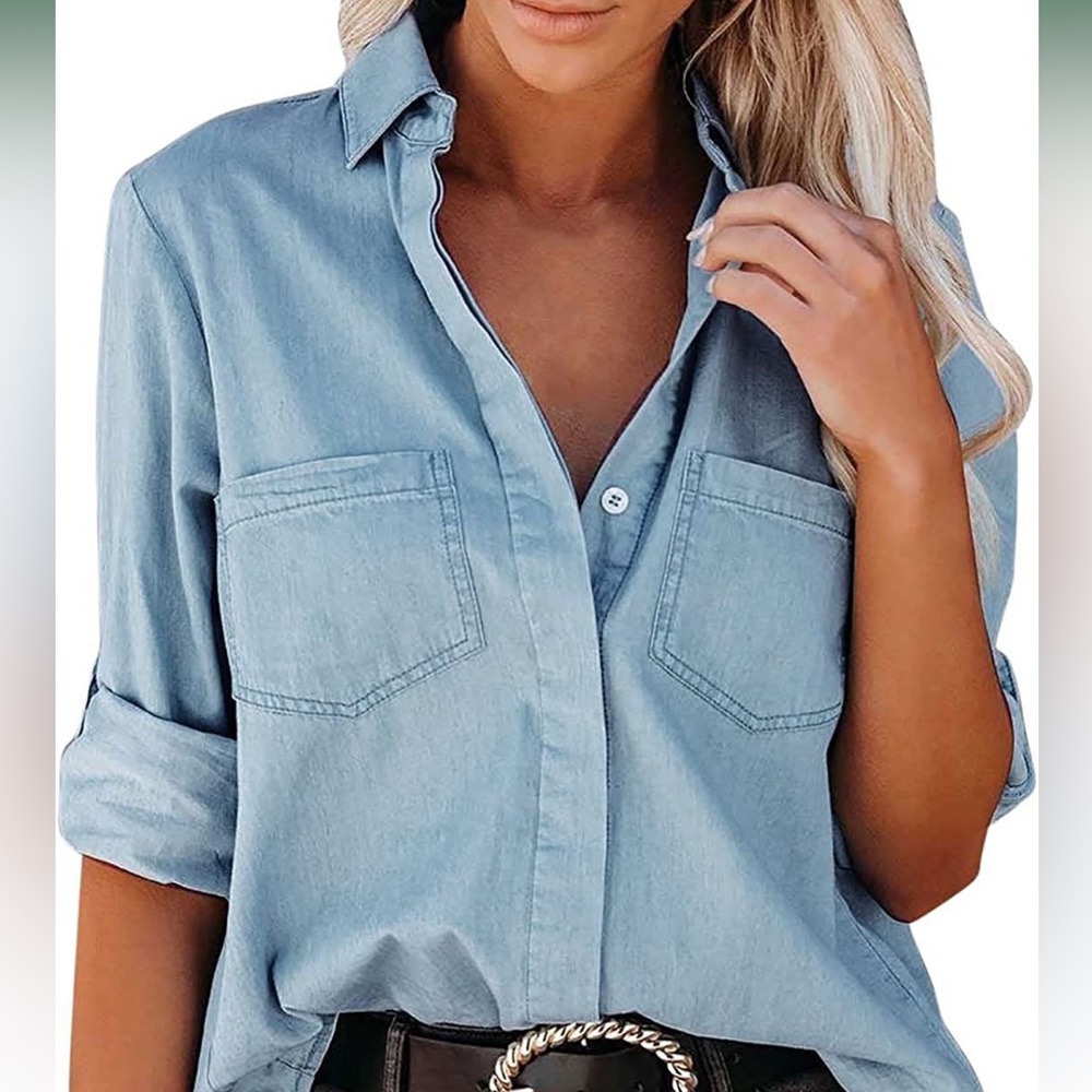 Womens Long Sleeve Button Down Denim Blouse Loose Fit Lapel V Neck Denim Shirt.